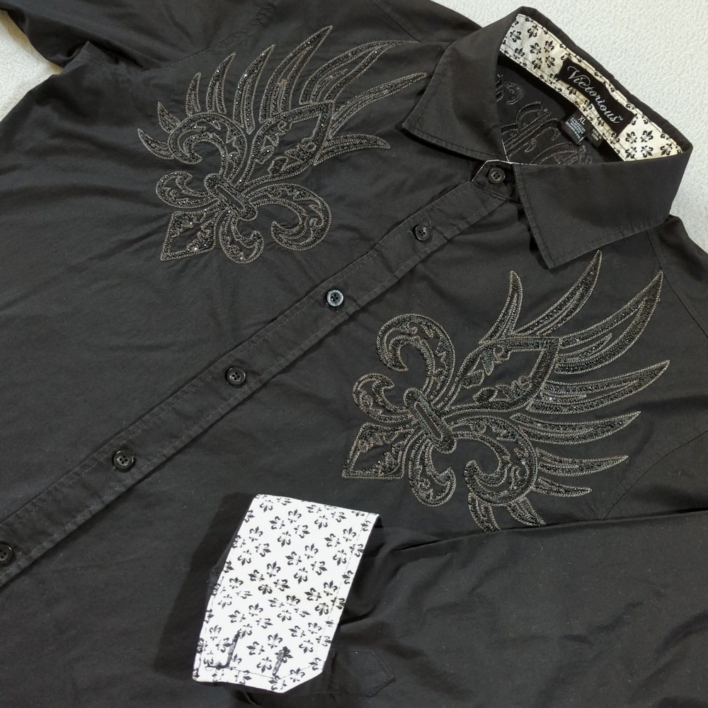 Victorious Mens XL Black Fleur De Lis Embroidered Studded Button Down Shirt Y2K